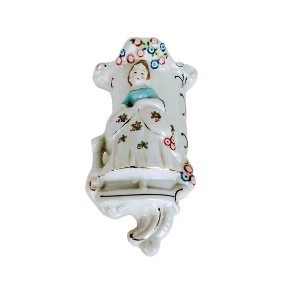 VTG 40s Hand Painted  Porcelain Victorian Lady & Flowers Pocket Wall Vase Japan - Picture 4 of 11